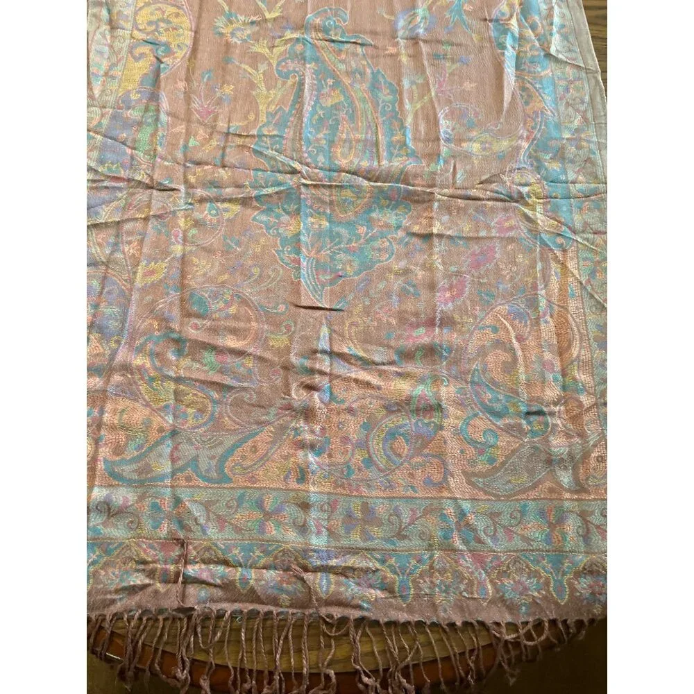 Mauve blue paisley blanket scarf with fringe